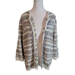 Chico's Size 3 US XL Striped Tweed Knit Fringe Trim Open Cardigan‎ Cream Blue